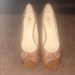 Brown Peep Toe Wedges with Buckle Detail, sz 7
